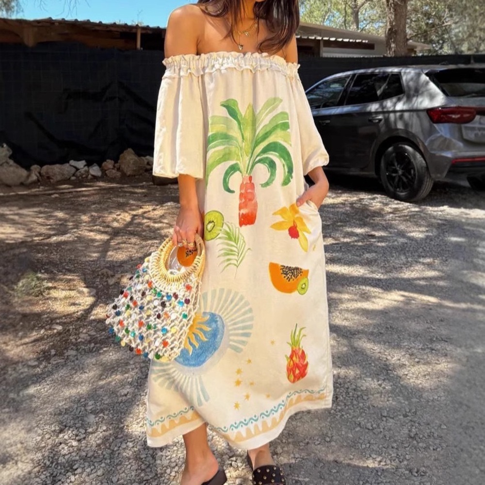 Zimmermann Off-Shoulder Cream Maxi Dress with Tropical Print